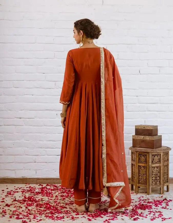 Rust Vichitra Silk Bead Lace Work Gown - Image 4