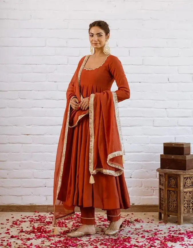Rust Vichitra Silk Bead Lace Work Gown - Image 8