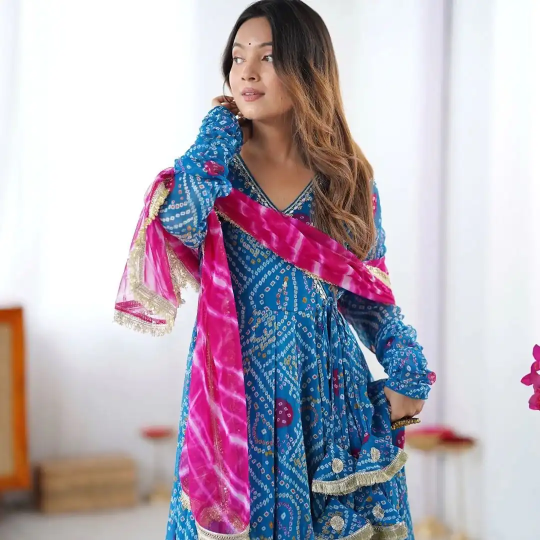 Blue Faux Georgette Digital Print Gown