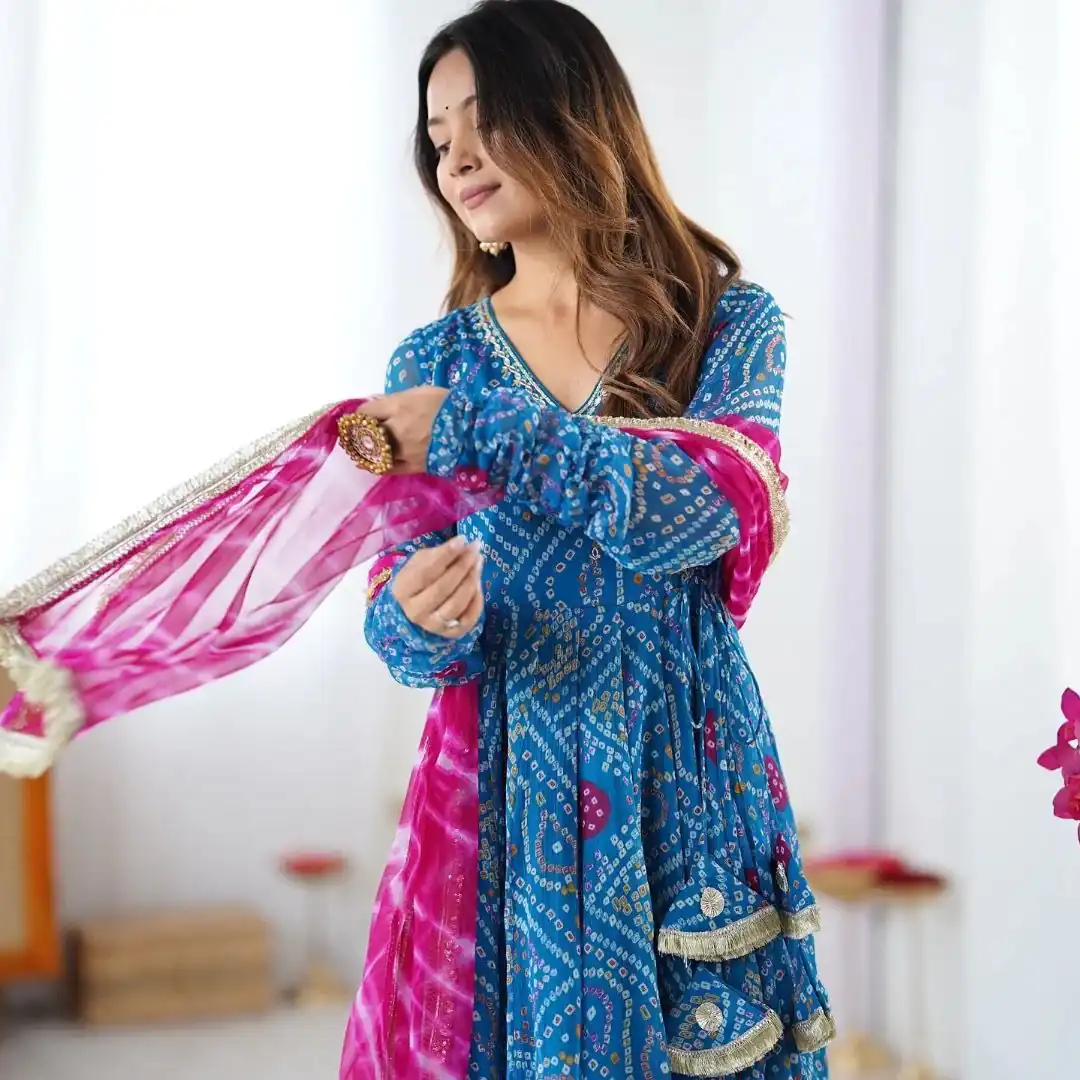 Blue Faux Georgette Digital Print Gown - Image 2