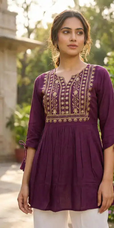 Wine Rayon Thread Work Fancy Kurti