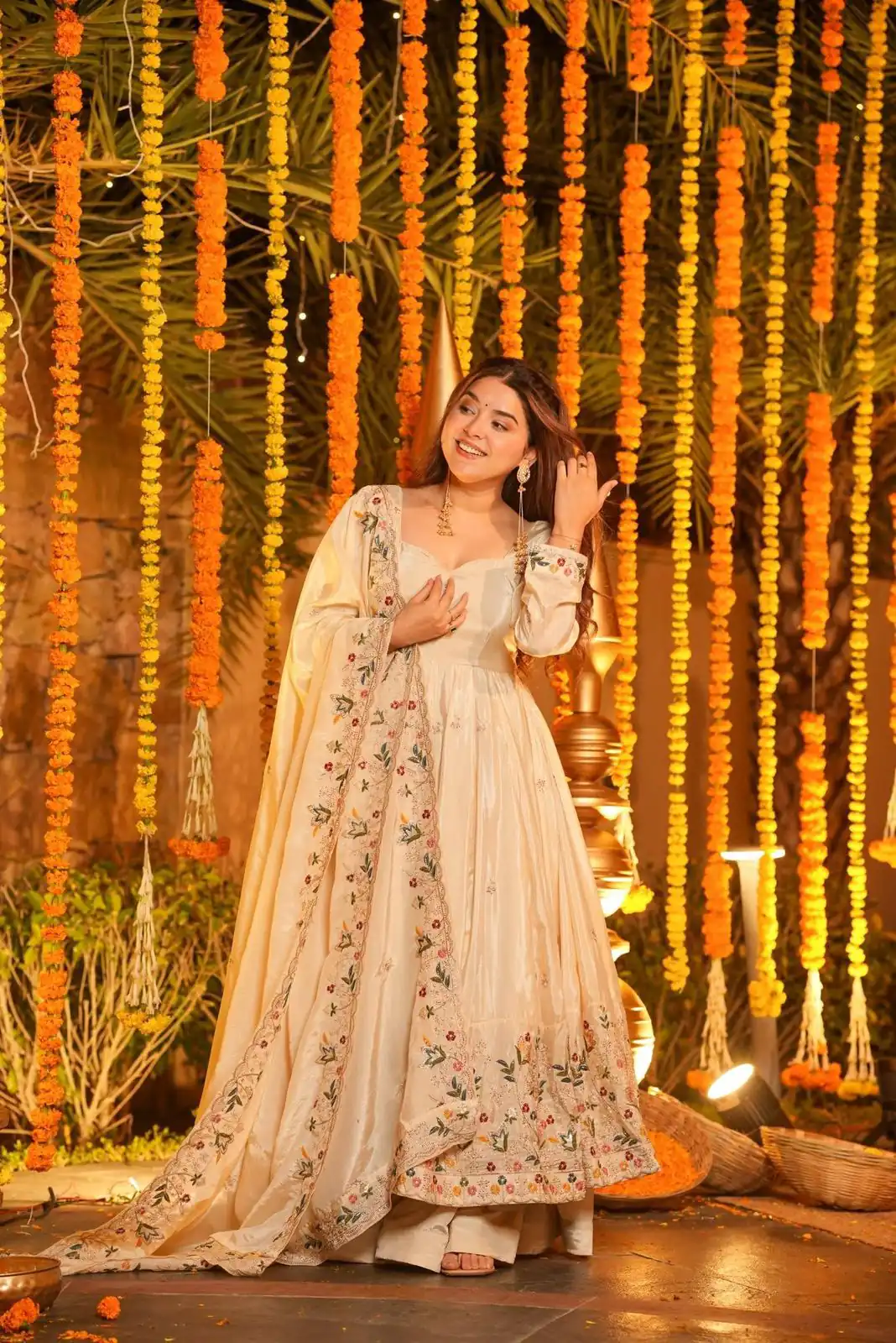 Off White Natural Crap Silk Embroidery Work Anarkali Suit - Image 4