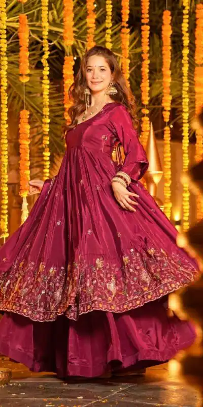 Red Natural Crap Silk Embroidery Work Anarkali Suit