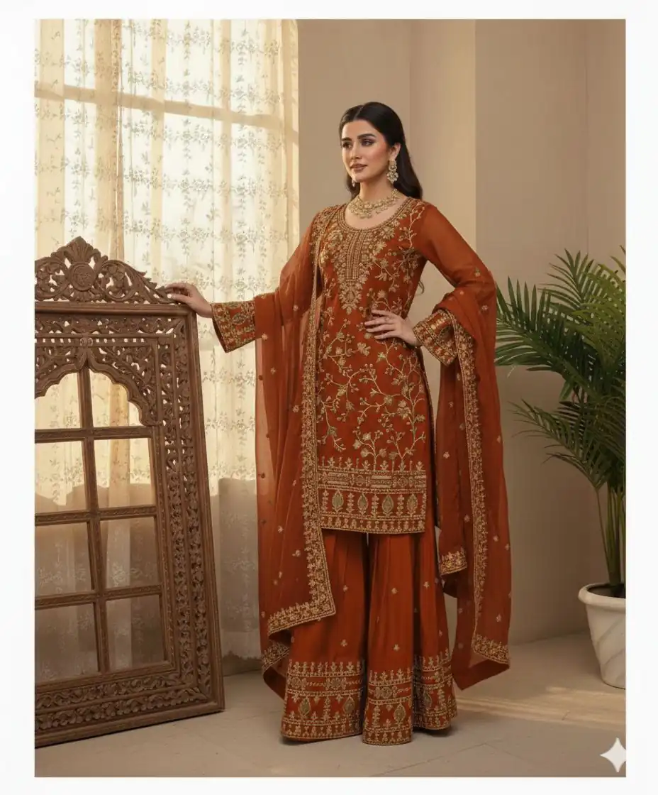 Rust Zimmy Choo Embroidery Work Salwar Suit - Image 3