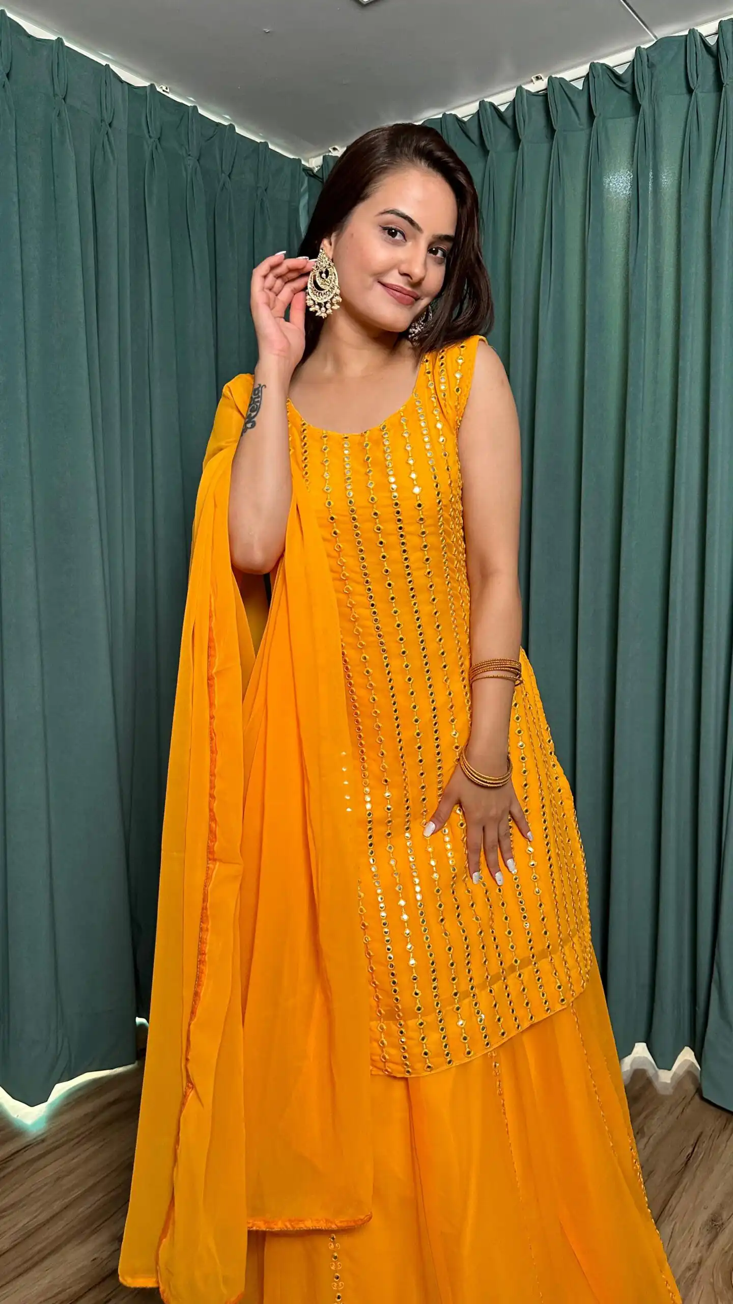 Yellow Georgette Mirror Work Lehenga Choli - Image 2