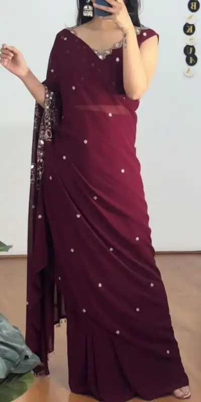 Wine Faux Georgette Mirror Embroidery Work Saree