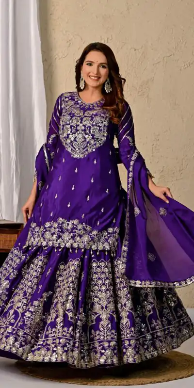 Dark Purple Chinon Silk Embroidery Zari Work Lehenga Choli