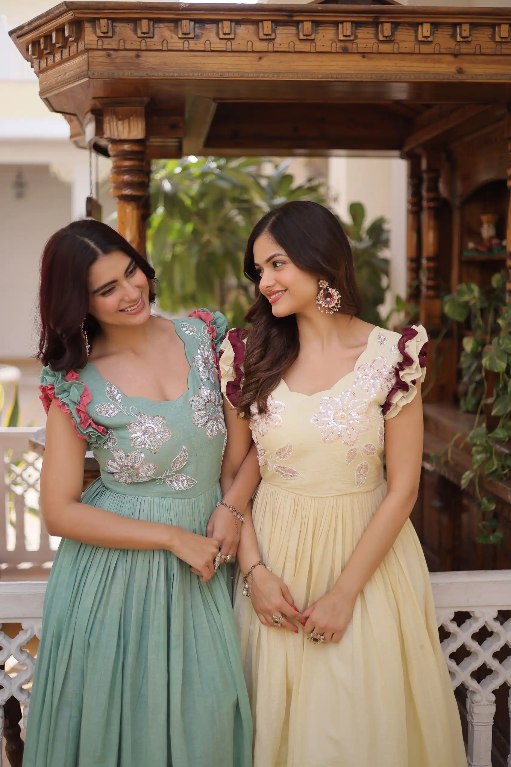 Sea Green Cotton Sequins Embroidery Work Gown - Image 8