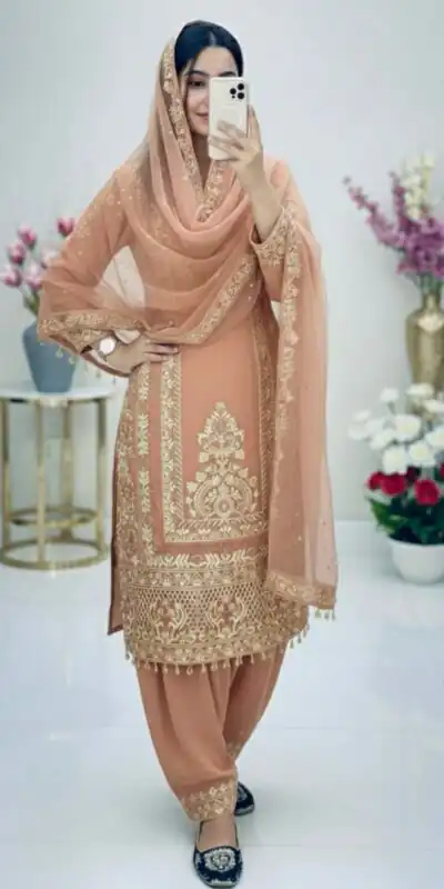 Peach Faux Georgette With Embroidery Work Salwar Suit
