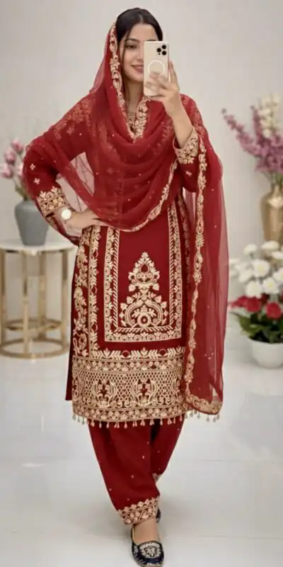 Red Faux Georgette With Embroidery Work Salwar Suit