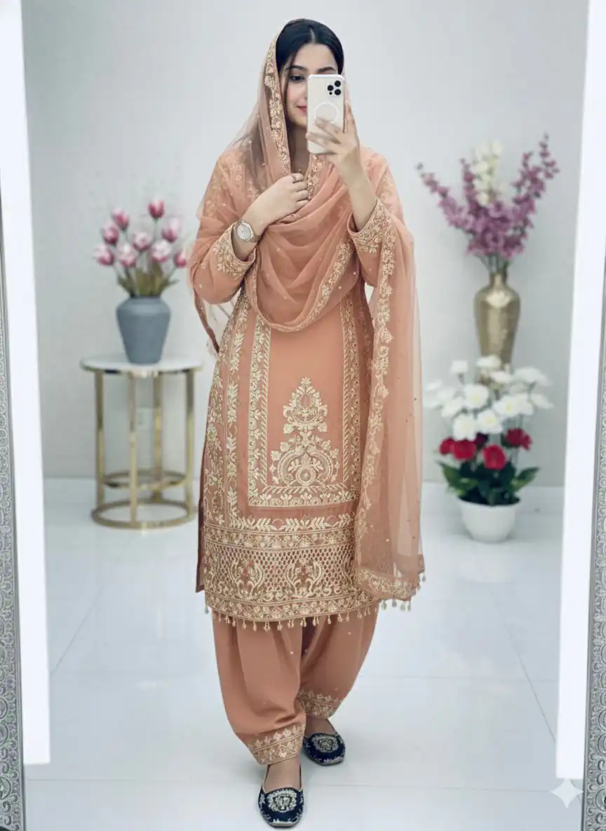 Peach Faux Georgette With Embroidery Work Salwar Suit - Image 2