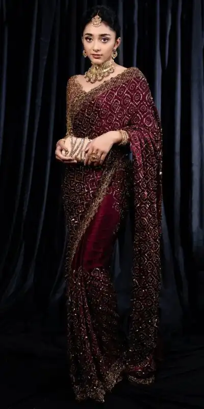 Wine Kasturi Silk Georgette Zari Work Saree