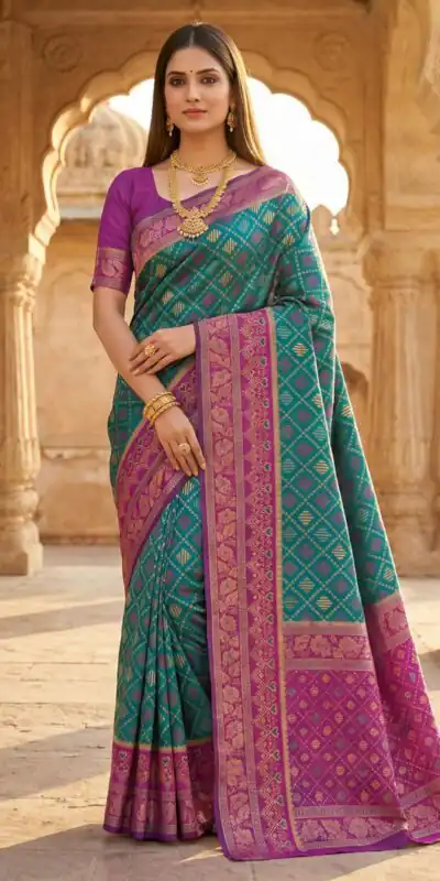Teal Pochampalli Lace Zari Work Saree