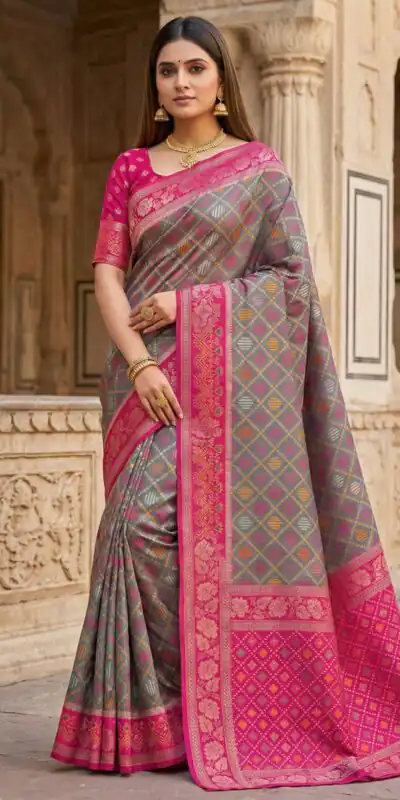 Grey Pochampalli Lace Zari Work Saree