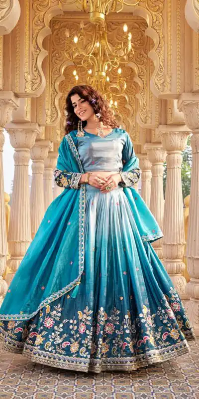 Blue Gold Crush Embroidery Work Lehenga Choli