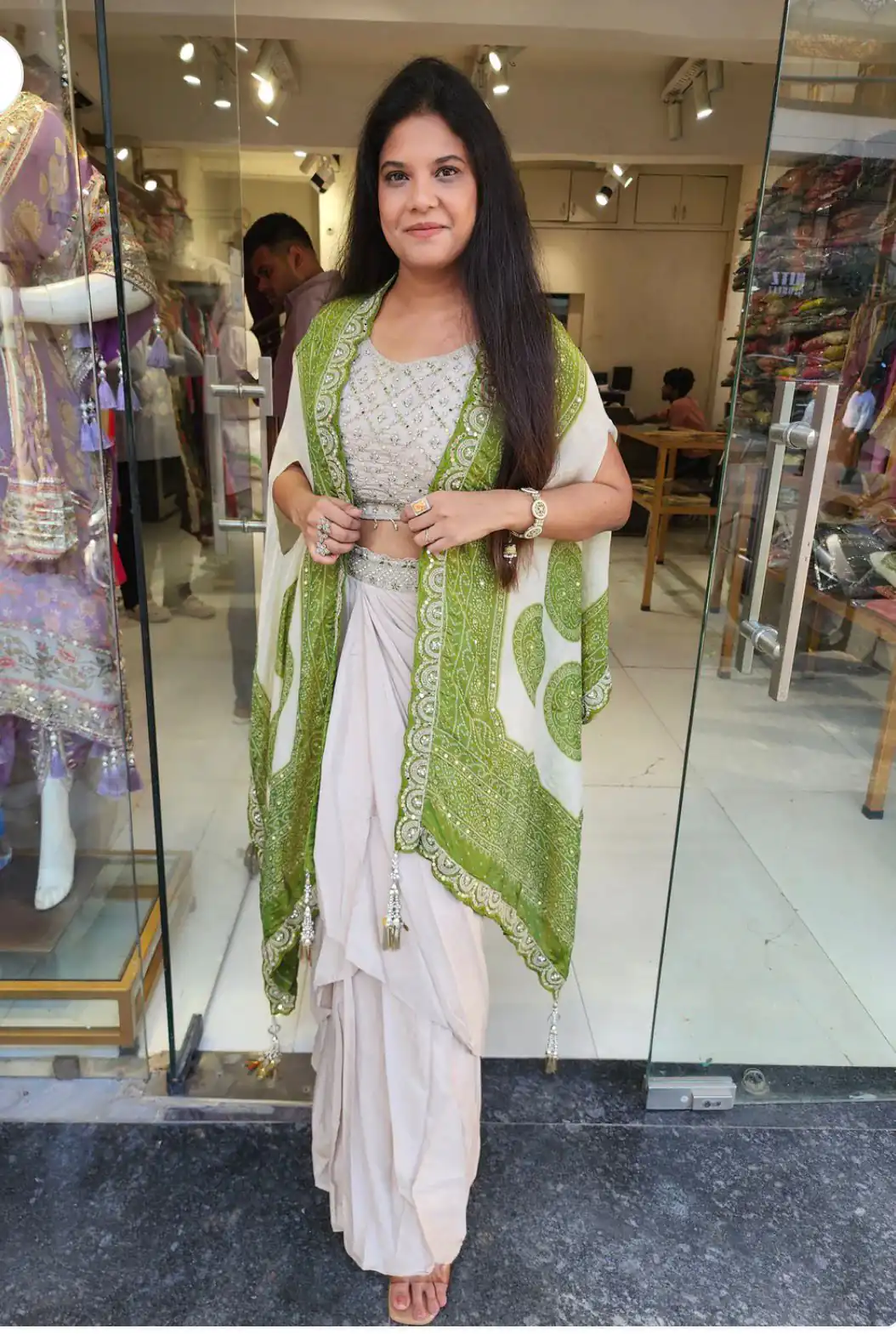 Pista Crap Silk Embroidery Mirror Work Dhoti Suit