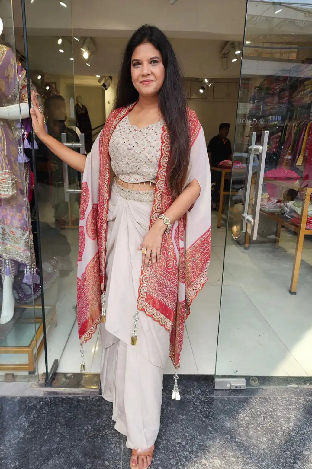 Peach Crap Silk Embroidery Mirror Work Dhoti Suit - Image 2