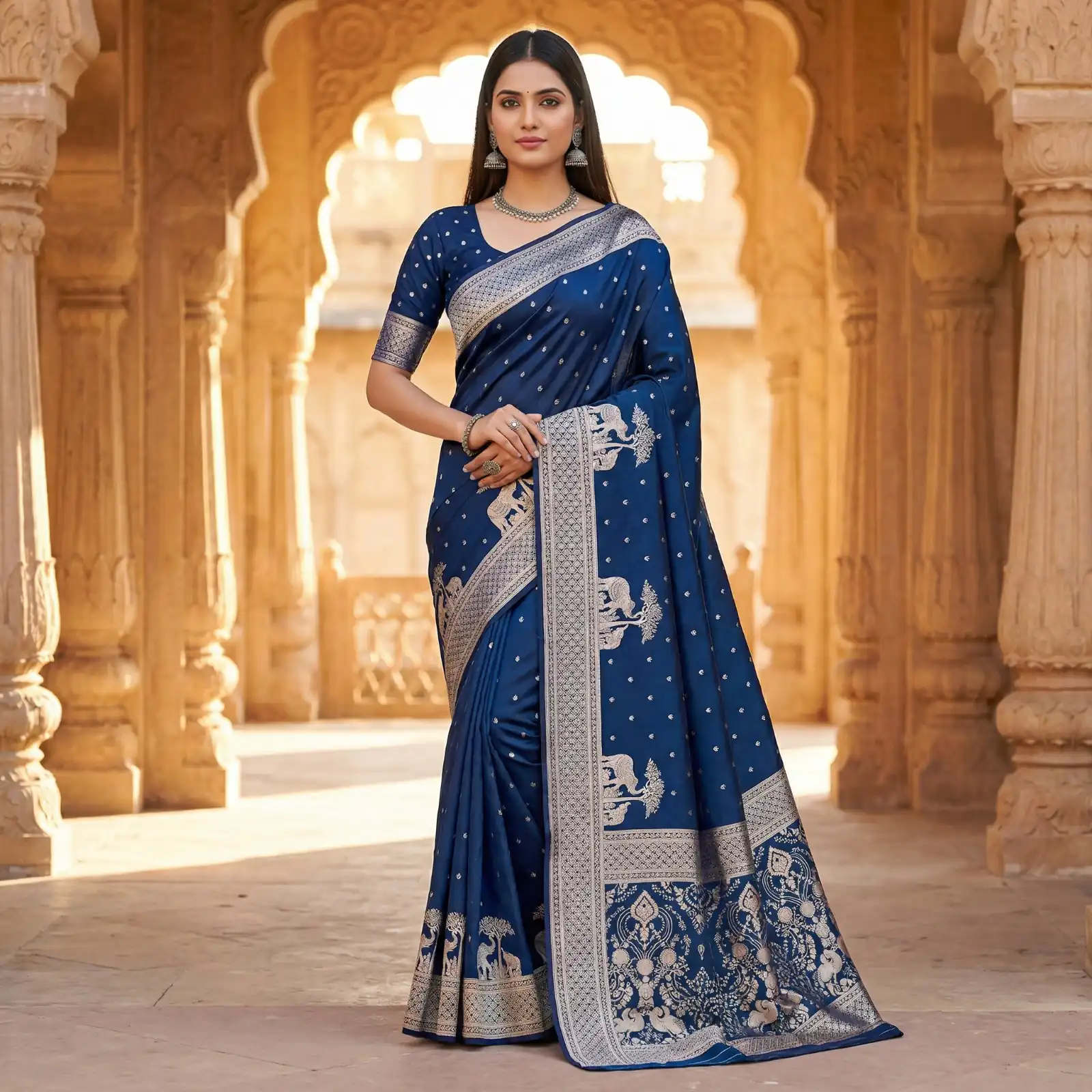 Navy Blue Pure Banarasi Silk Zari Lace Work Saree