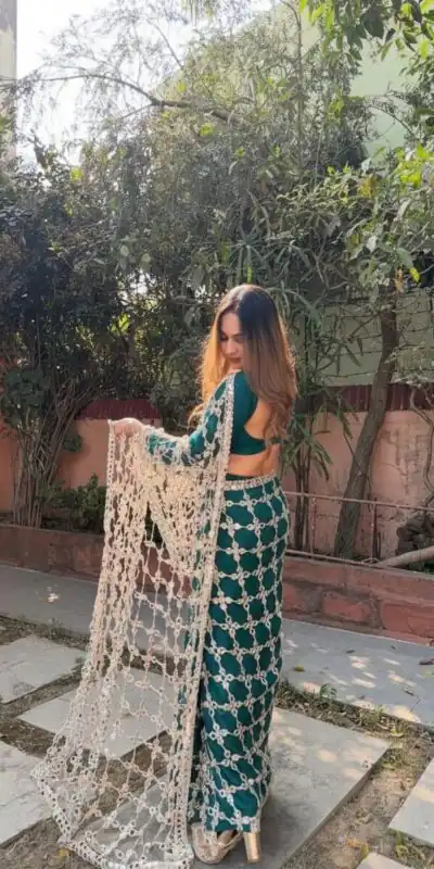 Peacock Blue Fendy Silk Lace Mirror Work Saree