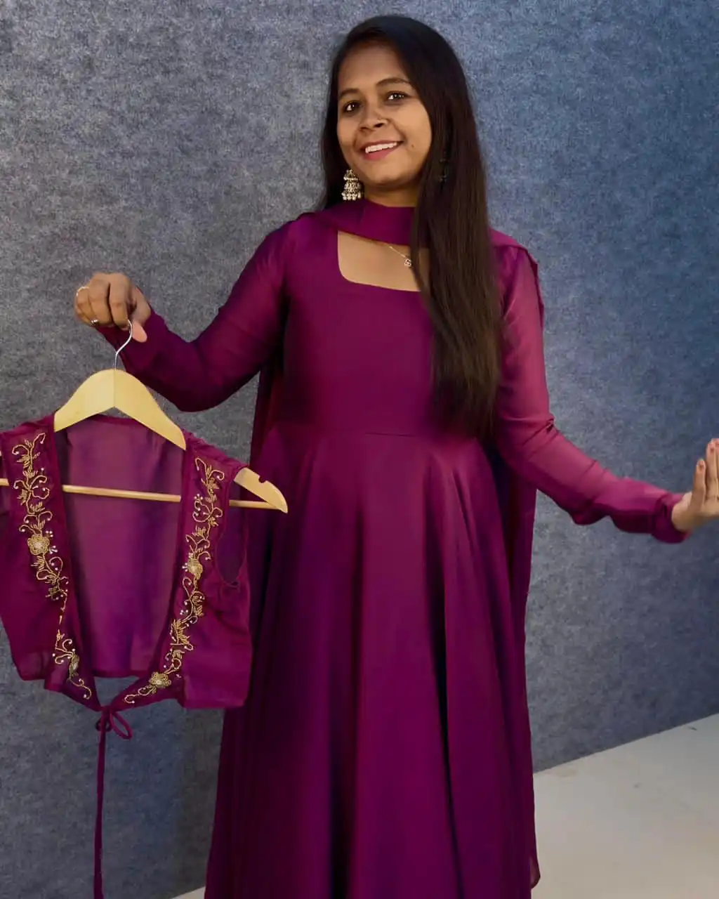 Wine Rangoli Silk Handwork Lace Work Gown - Image 3