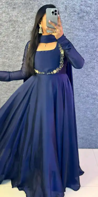 Navy Blue Rangoli Silk Handwork Lace Work Gown