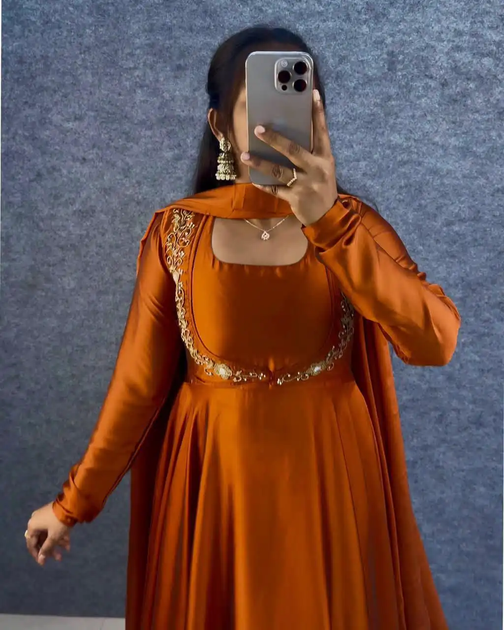 Orange Rangoli Silk Handwork Lace Work Gown - Image 2