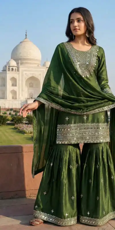 Green Zimmy Silk Embroidery Work Work Sawar Suit