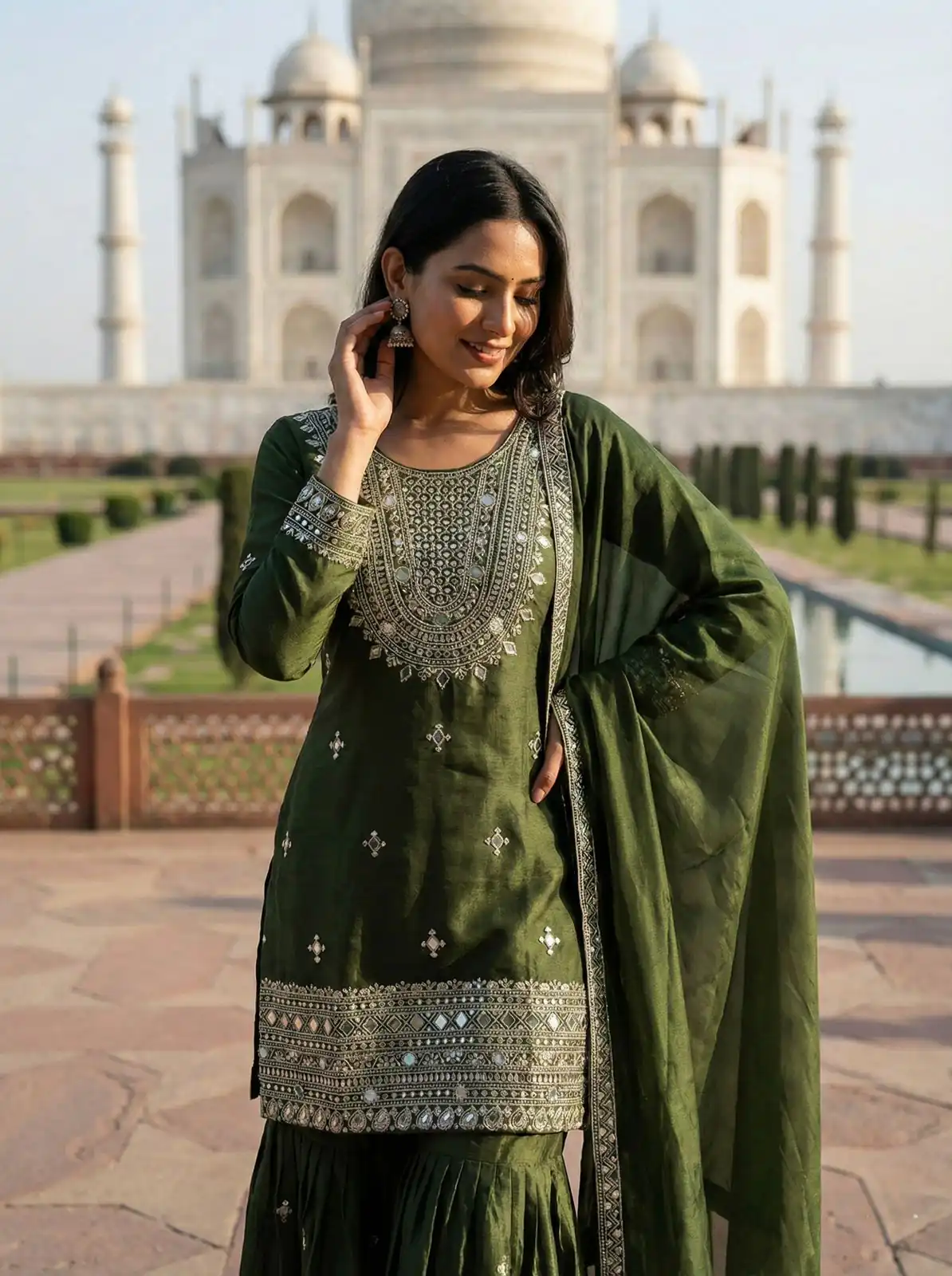 Green Zimmy Silk Embroidery Work Work Sawar Suit - Image 3
