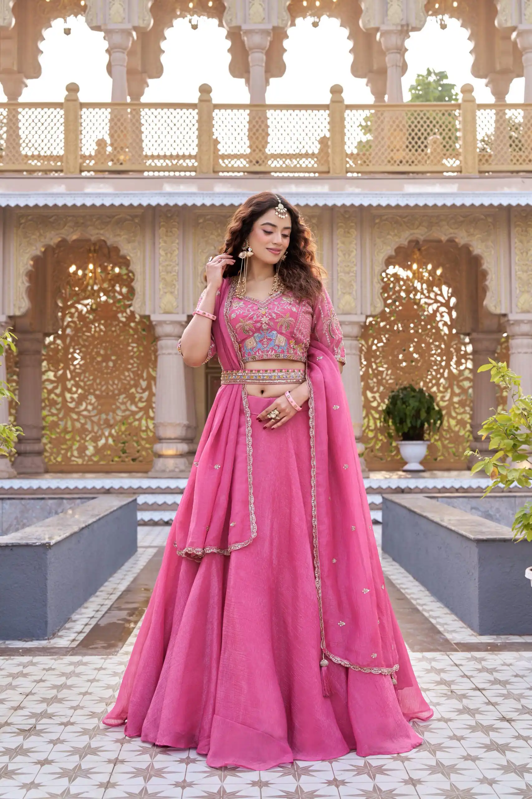 Pink Crunchy Embroidery Work Lehenga Choli