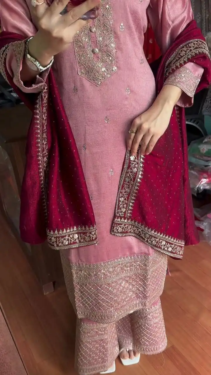 Baby Pink Chinon Lace Embroidery Work Salwar Suit - Image 4