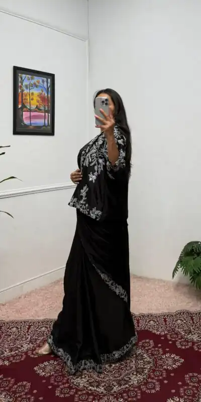 ST 1090 Black Color Chinon Saree with Embroidery Work & Lace Work. Now at just ₹2099. Delivery 4-6 Working Days. Shop now. | Sarees, Bollywood Sarees, Creative Sarees, Designer Sarees, Embroidered Sarees, Ethnic Saree, Modern Digital sarees, Party Wear Sarees