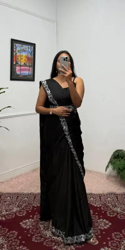 ST 1090 Black Color Chinon Saree with Embroidery Work & Lace Work. Now at just ₹2099. Delivery 4-6 Working Days. Shop now. | Sarees, Bollywood Sarees, Creative Sarees, Designer Sarees, Embroidered Sarees, Ethnic Saree, Modern Digital sarees, Party Wear Sarees