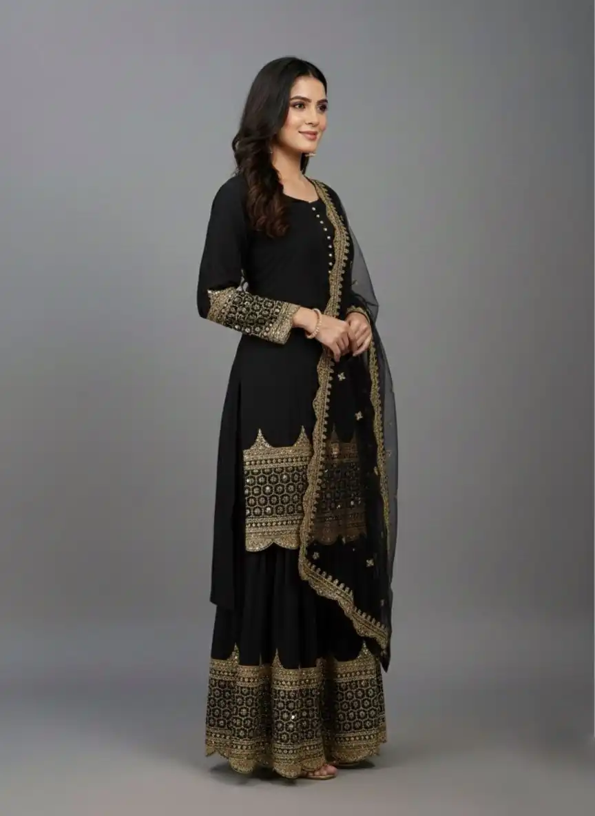 ZF 250 Black Color Faux Georgette Embroidery Sequence Work Sharara Suit Wedding, Party, Festive, Events Etc. Expected Delivery 4-6 Working Days @2099/- | Jump Suits, Straight Suits, Salwar suit, Designer Suits, Casual Suits, Creative suits, Palazzo Suits, Party Wear Suits, Patiala Suits