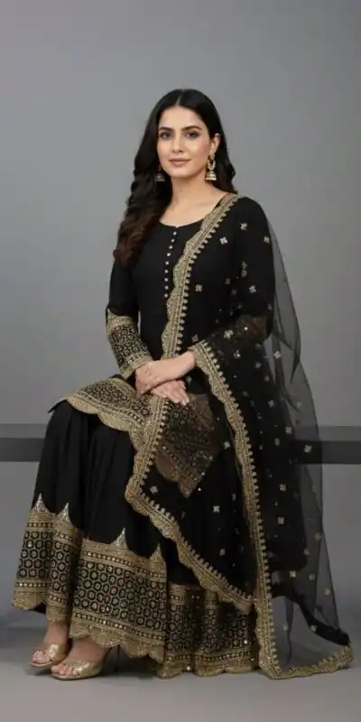 ZF 250 Black Color Faux Georgette Embroidery Sequence Work Sharara Suit Wedding, Party, Festive, Events Etc. Expected Delivery 4-6 Working Days @2099/- | Jump Suits, Straight Suits, Salwar suit, Designer Suits, Casual Suits, Creative suits, Palazzo Suits, Party Wear Suits, Patiala Suits