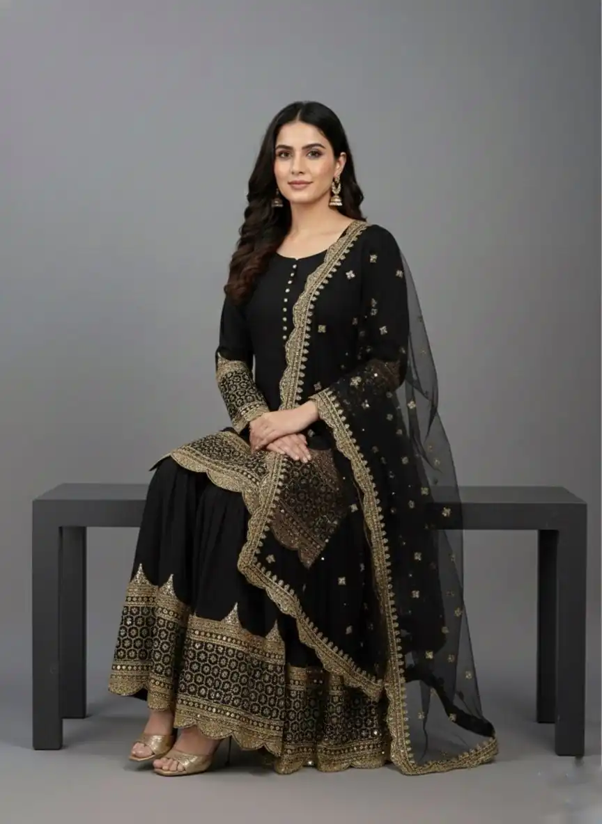 ZF 250 Black Color Faux Georgette Embroidery Sequence Work Sharara Suit Wedding, Party, Festive, Events Etc. Expected Delivery 4-6 Working Days @2099/- | Jump Suits, Straight Suits, Salwar suit, Designer Suits, Casual Suits, Creative suits, Palazzo Suits, Party Wear Suits, Patiala Suits