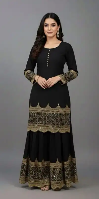 ZF 250 Black Color Faux Georgette Embroidery Sequence Work Sharara Suit Wedding, Party, Festive, Events Etc. Expected Delivery 4-6 Working Days @2099/- | Jump Suits, Straight Suits, Salwar suit, Designer Suits, Casual Suits, Creative suits, Palazzo Suits, Party Wear Suits, Patiala Suits