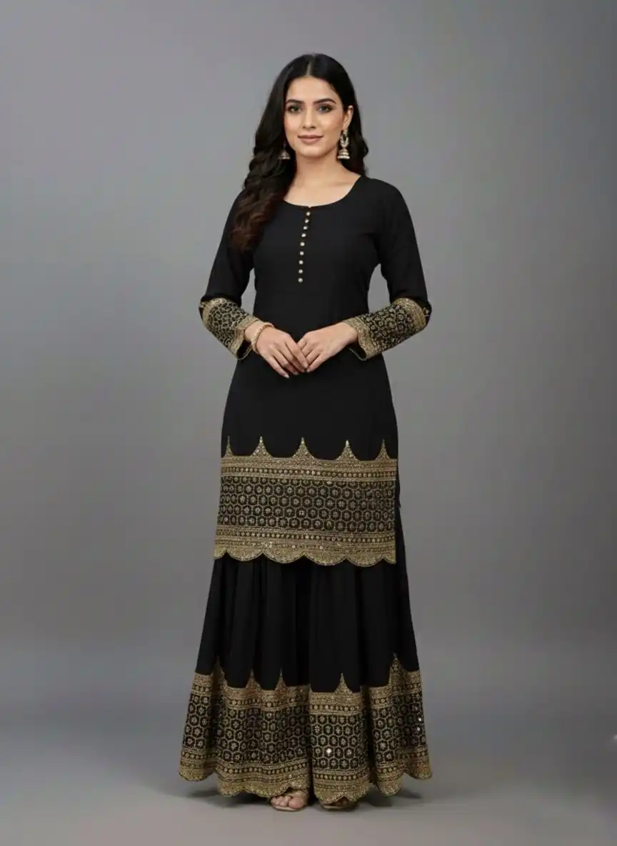 ZF 250 Black Color Faux Georgette Embroidery Sequence Work Sharara Suit Wedding, Party, Festive, Events Etc. Expected Delivery 4-6 Working Days @2099/- | Jump Suits, Straight Suits, Salwar suit, Designer Suits, Casual Suits, Creative suits, Palazzo Suits, Party Wear Suits, Patiala Suits