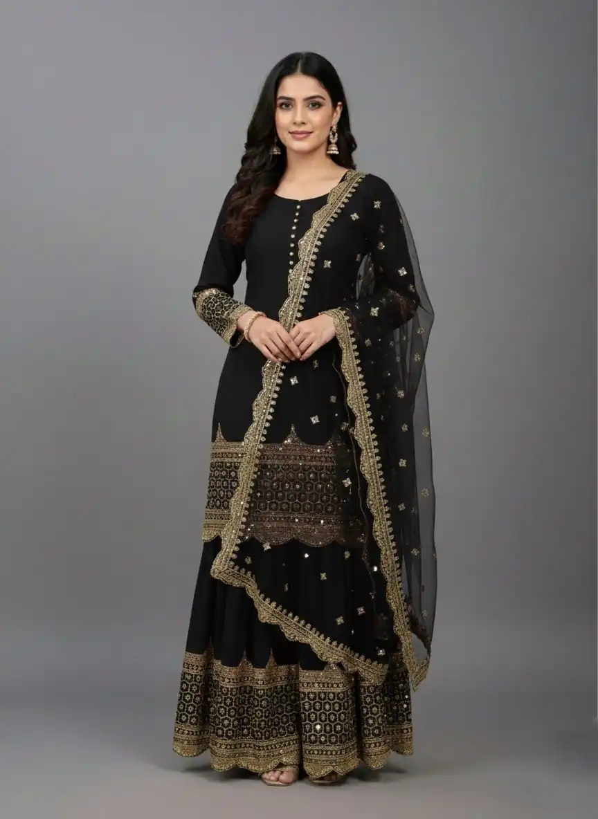 ZF 250 Black Color Faux Georgette Embroidery Sequence Work Sharara Suit Wedding, Party, Festive, Events Etc. Expected Delivery 4-6 Working Days @2099/- | Jump Suits, Straight Suits, Salwar suit, Designer Suits, Casual Suits, Creative suits, Palazzo Suits, Party Wear Suits, Patiala Suits