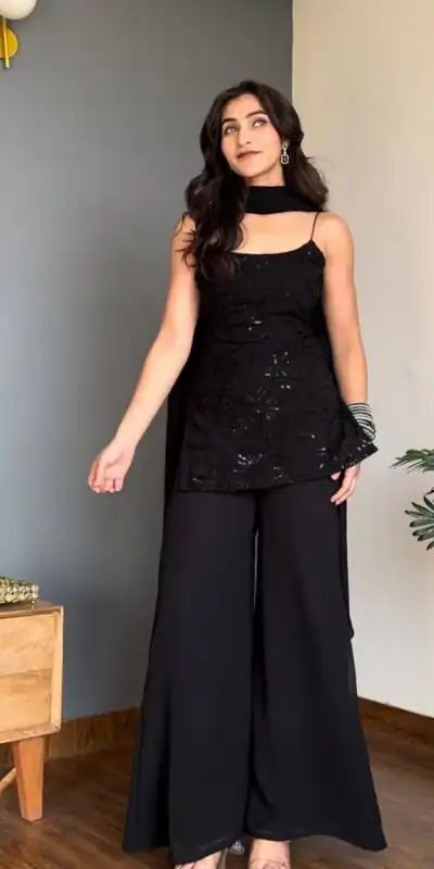 BD 1825 Black Faux Georgette Salwar Suit with Sequins Work & Embroidery Work. Affordable Price ₹1949. Delivery 4-6 Working Days. Shop now. | Jump Suits, Salwar suit, Designer Suits, Casual Suits, Creative suits, Palazzo Suits, Party Wear Suits, Patiala Suits, Straight Suits