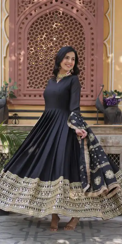 KA 1139 Black Star Georgette Gown Perfect for Wedding, Party, Onam, Mehendi, Traditional Day – . Affordable Price ₹3149. Delivery 4-6 Working Days. | Gowns, Bollywood Gowns, Creative Gowns, Designer Gowns, Embroidered Gowns, Party Wear Gowns