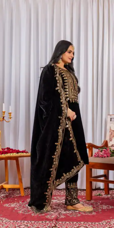 AD 089 Black Viscose Velvet Salwar Suit with Embroidery Work. Affordable Price ₹1999. Delivery 4-6 Working Days. Shop now. | Jump Suits, Salwar suit, Designer Suits, Casual Suits, Creative suits, Palazzo Suits, Party Wear Suits, Patiala Suits, Straight Suits