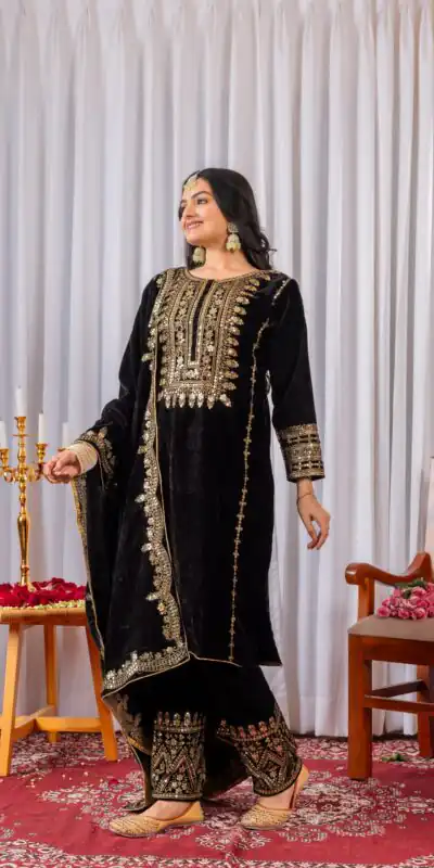 AD 089 Black Viscose Velvet Salwar Suit with Embroidery Work. Affordable Price ₹1999. Delivery 4-6 Working Days. Shop now. | Jump Suits, Salwar suit, Designer Suits, Casual Suits, Creative suits, Palazzo Suits, Party Wear Suits, Patiala Suits, Straight Suits