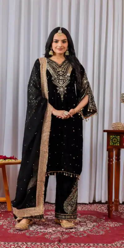 AD 134 Black Color Heavy Pure Viscose Velvet Embroidery Sharara Suit Wedding, Party, Festive, Events Etc. Expected Delivery 4-6 Working Days @2099/- | Jump Suits, Straight Suits, Salwar suit, Designer Suits, Casual Suits, Creative suits, Palazzo Suits, Party Wear Suits, Patiala Suits