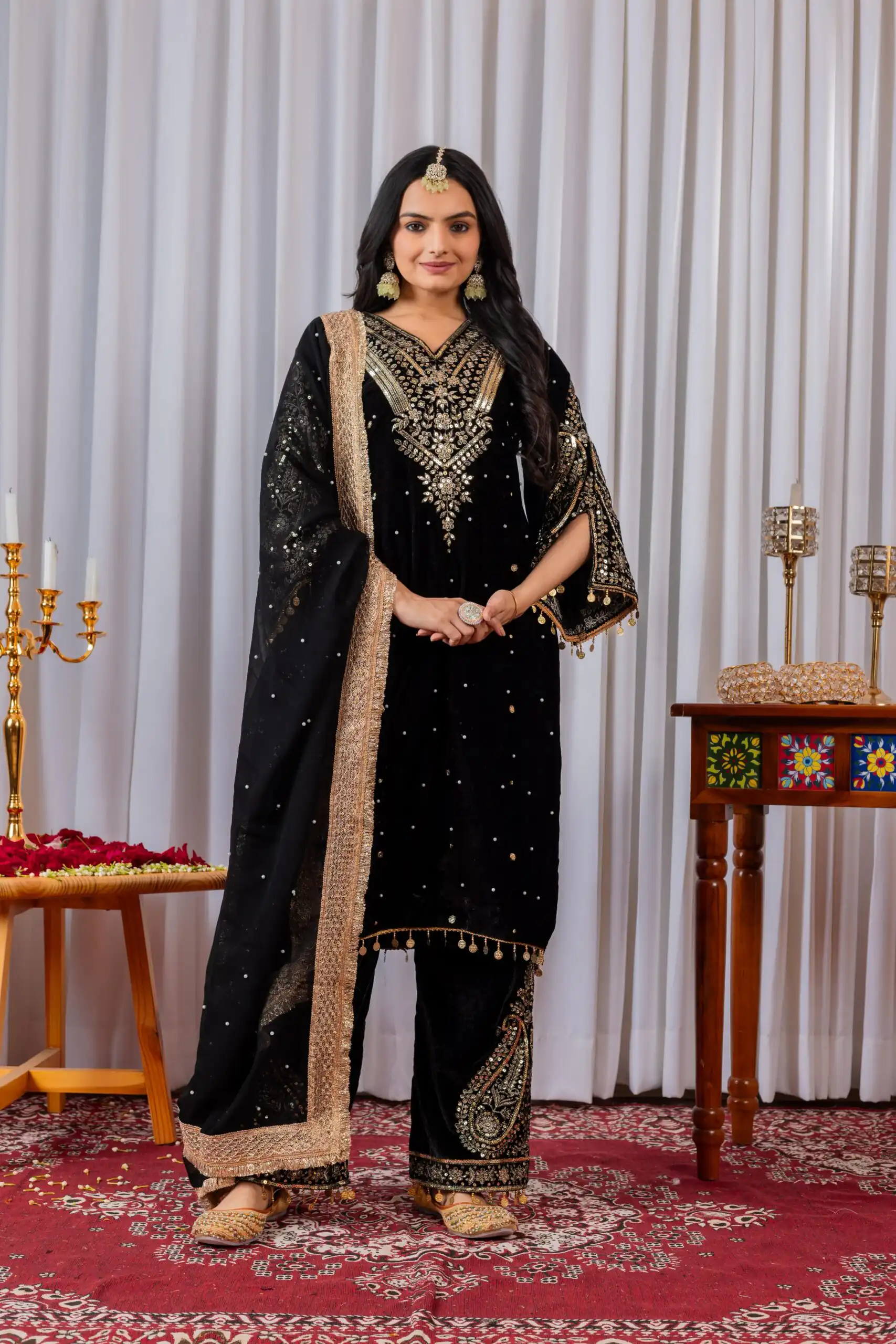 AD 134 Black Color Heavy Pure Viscose Velvet Embroidery Sharara Suit Wedding, Party, Festive, Events Etc. Expected Delivery  4-6 Working Days @2099/- | Jump Suits, Straight Suits, Salwar suit, Designer Suits, Casual Suits, Creative suits, Palazzo Suits, Party Wear Suits, Patiala Suits