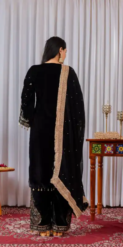 AD 134 Black Color Heavy Pure Viscose Velvet Embroidery Sharara Suit Wedding, Party, Festive, Events Etc. Expected Delivery 4-6 Working Days @2099/- | Jump Suits, Straight Suits, Salwar suit, Designer Suits, Casual Suits, Creative suits, Palazzo Suits, Party Wear Suits, Patiala Suits
