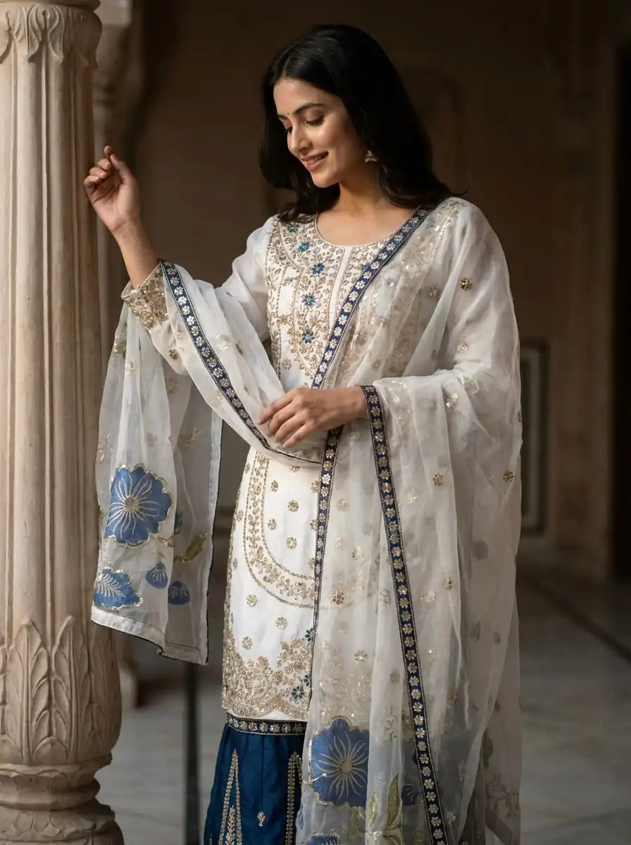 NSR 884 Blue Organza Silk Salwar Suit with Digital Print & Embroidery Work. Introductory Price ₹2149. Delivery 4-6 Working Days. Shop now. | Jump Suits, Salwar suit, Designer Suits, Casual Suits, Creative suits, Palazzo Suits, Party Wear Suits, Patiala Suits, Straight Suits