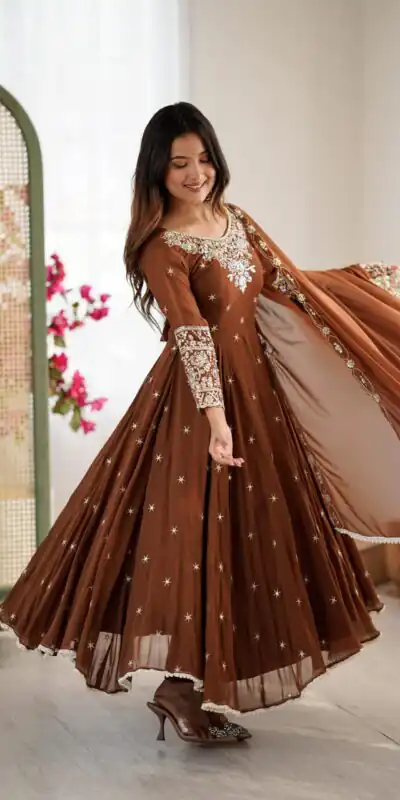 ZF 5012 Brown Blooming Faux Gown with Embroidery Work. Wedding, Party, Festive, Events Grab it for ₹2149. Delivery 4-6 Working Days. Shop now. | Lehenga, Bollywood Lehenga, Creative Lehenga, Designer Lehenga, Embroidered Lehenga, Party Wear Lehenga