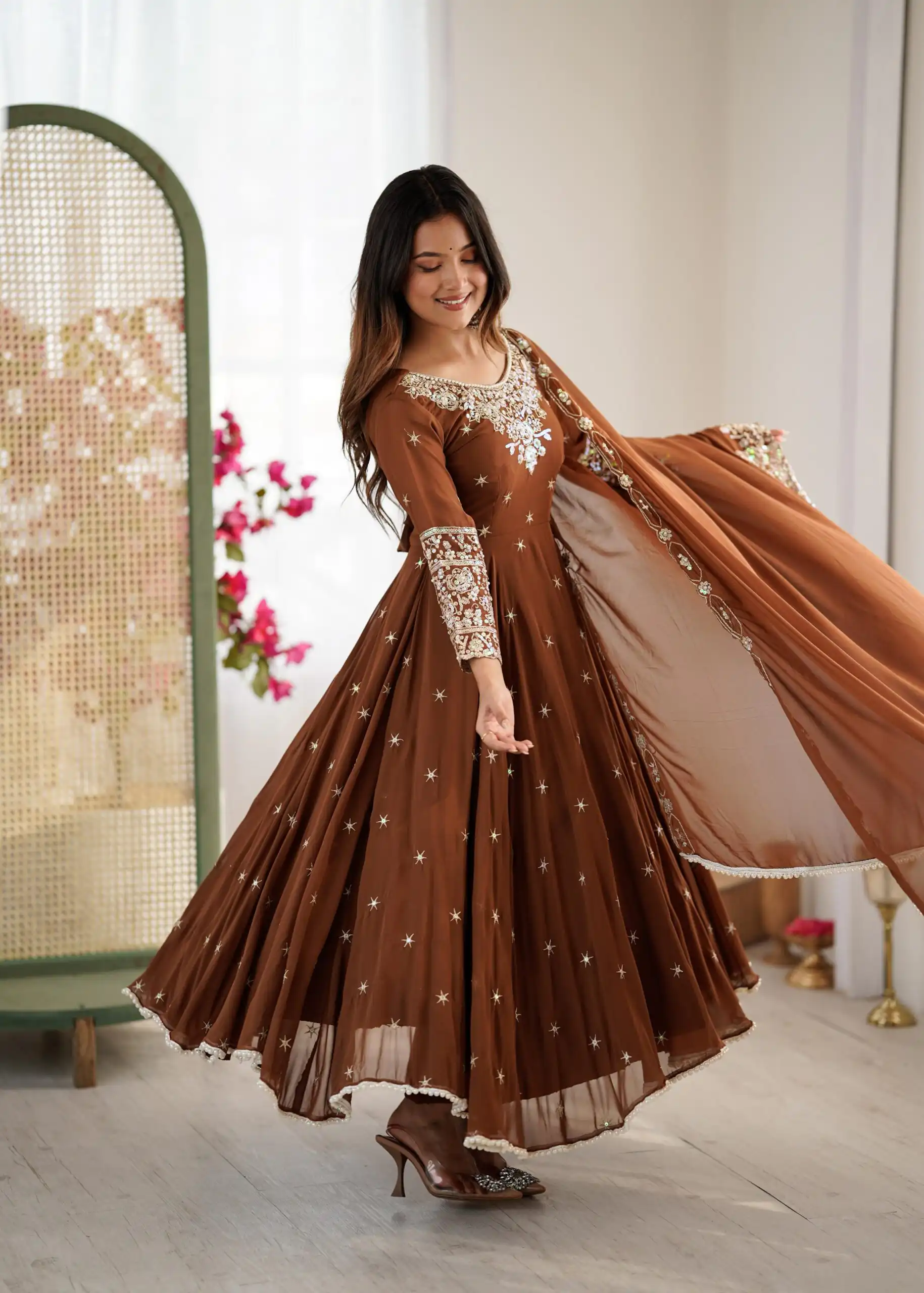ZF 5012 Brown Blooming Faux Gown with Embroidery Work. Wedding, Party, Festive, Events Grab it for ₹2149. Delivery 4-6 Working Days. Shop now. | Lehenga, Bollywood Lehenga, Creative Lehenga, Designer Lehenga, Embroidered Lehenga, Party Wear Lehenga