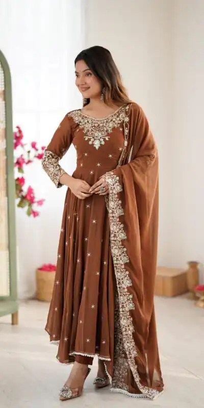 ZF 5012 Brown Blooming Faux Gown with Embroidery Work. Wedding, Party, Festive, Events Grab it for ₹2149. Delivery 4-6 Working Days. Shop now. | Lehenga, Bollywood Lehenga, Creative Lehenga, Designer Lehenga, Embroidered Lehenga, Party Wear Lehenga