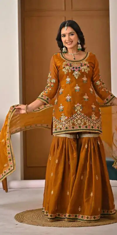 ND 5056 Brown Fandy Silk Salwar Suit with Embroidery Work. Wedding, Party, Festive, Events Now at just ₹2649. Delivery 4-6 Working Days. Shop now. | Jump Suits, Salwar suit, Designer Suits, Casual Suits, Creative suits, Palazzo Suits, Party Wear Suits, Patiala Suits, Straight Suits